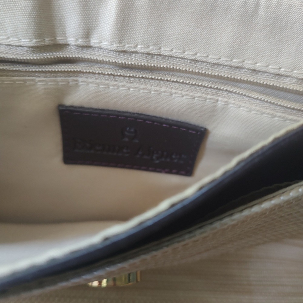 Etienne Aigner Beige Woven Straw Leather Trim Shoulder‎ Bag Gold Logo Charm